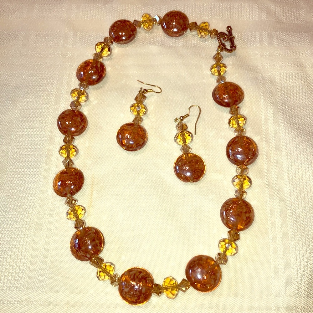 Gold Peach glass beaded necklace and earring set